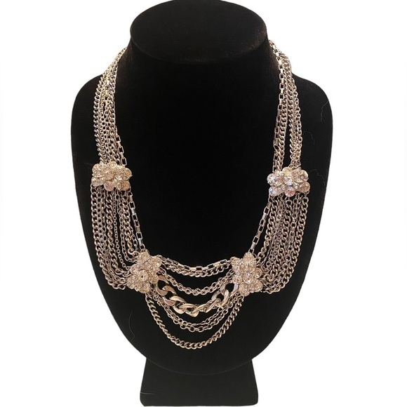 Jewelry - Silver-Toned Chains and Rhinestone Statement Necklace